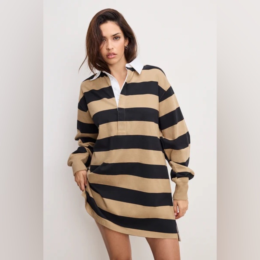 NEW Good American Medium Khaki And Black Rugby Stripe Jersey Polo Mini Dress - Picture 2 of 12
